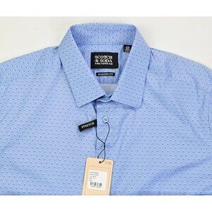 Scotch & Soda Amsterdam Size 17/43 Mens Modern Fit Stretch Blue Polka Dots Shirt